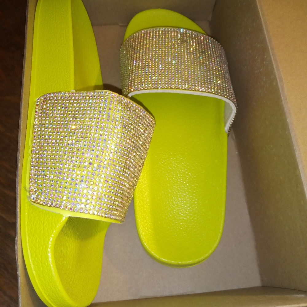 Neon Green sparkly rhinestones slides